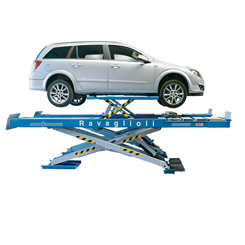 Cầu nâng cắt kéo kiểm tra góc đặt bánh xe 5 tấn, lắp chìm, có bàn nâng phụ (3 pha. màu xanh)